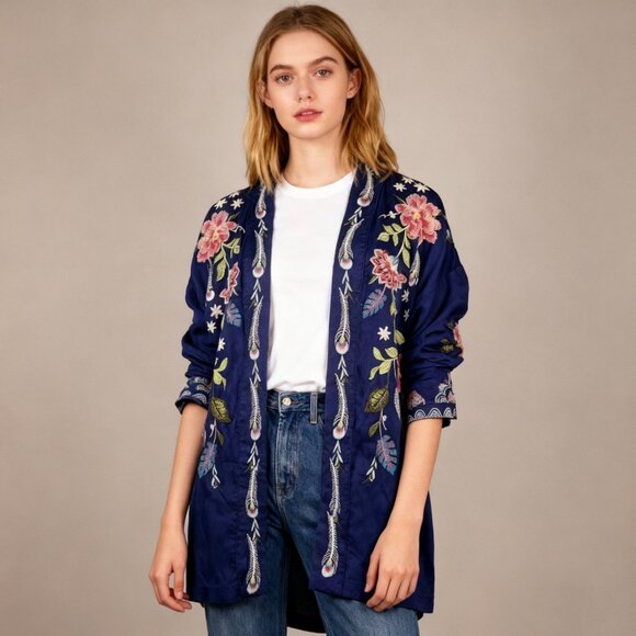 NWOT Johnny Was Emika Kimono Embroidered Open Front Jacket Navy 3/4 Sleeves XL